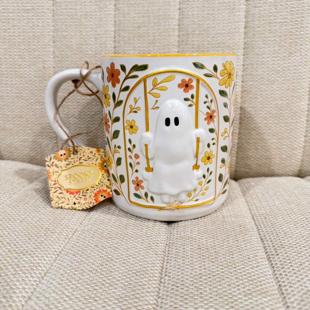 NWT Spooky Street Figural Mug Ghost Swing Floral Halloween 23oz